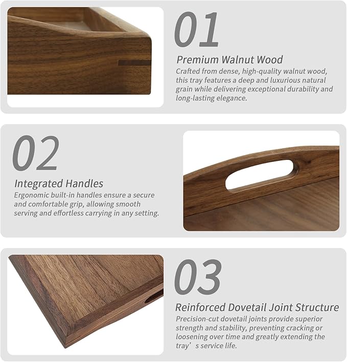 16.5x12Inches Black Walnut Wooden Ottoman Tray with Handles,Square Coffee Table Serving Tray for Home Decor,Couch Table for Party,Patio Breakfast Trays for Bed no Legs