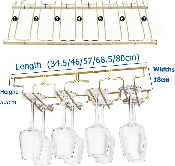 SAGIDAR Stainless Steel Hanging Wine Glass Rack, Under Cabinet, Gold, Width 18/22.5/28cm, Space Saving, Kitchen Cabinet Storage, Dining Room Display, Bar Use