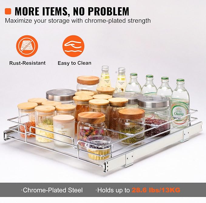VEVOR 21.5" Wx21 Dx3.5 H Pull Out Cabinet Organizer, Heavy Duty Slide Out Pantry Shelves, Chrome-Plated Steel Roll Out Drawers, Storage for Home, Under Sink, 23" Wx22 Dx7 H Install Size for Cabinet