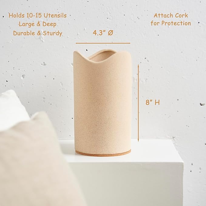 Amarcado Ceramic Utensil Holder for Kitchen Counter - Spatula Holder - Countertop Crock for Holding Utensils with Cork Bottom