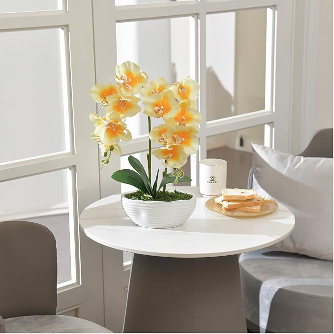 Large Artificial Potted Orchid Plant, Silk Flower Arrangement with Ceramics Vase, Yellow