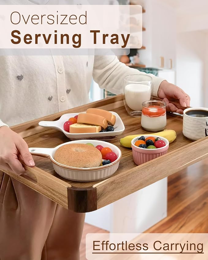 22 inches Acacia Wood Ottoman Serving Tray with Handles & Rounded Corners | Large Rectangular Decorative Wooden Tray for Living Room Kitchen Coffee Table Couch Bed