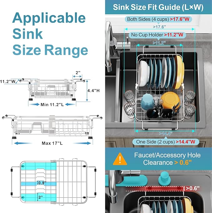 GSlife Small in Sink Dish Drying Rack - Expandable Stainless Steel Compact Over The Sink Dish Drainer with Utensil Holder for RV Kitchen Apartment, Silver