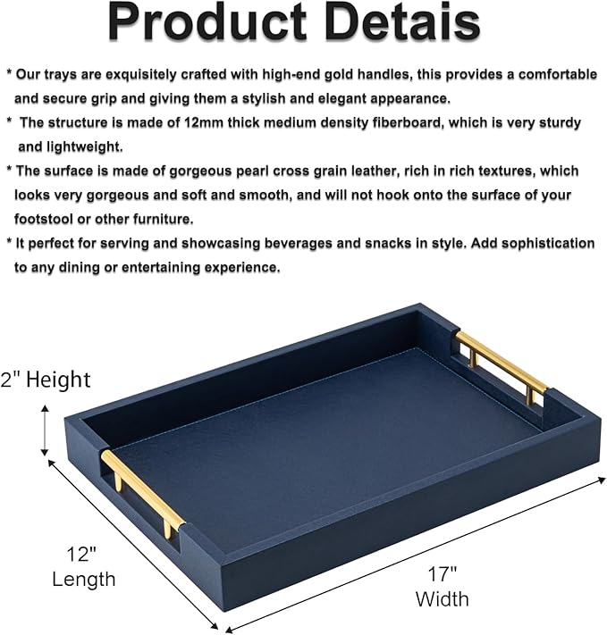 Navy Blue Faux Leather Serving Coffee Tray with Gold Handles,Rectangle Decorative Trays for Home Decor Large Ottoman Tray for Living Room