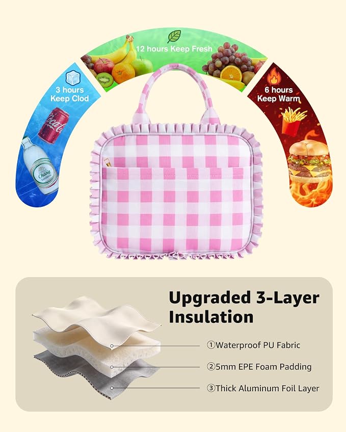 Stylish Checkered Gingham Lunch Bag for Women, Ruffled Trim Lunch Box for Adult Girls, Large Capacity Leakproof Reusable Lunch Box for Work School Picnic Travel (Pink&White)