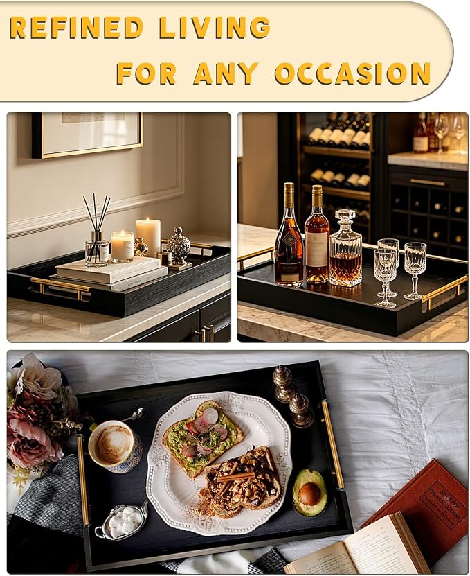 22" x 15.75" Black Wooden Ottoman Serving Tray with Golden Metal Handles | Large Rectangular Wood Tray for Living Room, Kitchen, Coffee Table, Coffee Station, Party