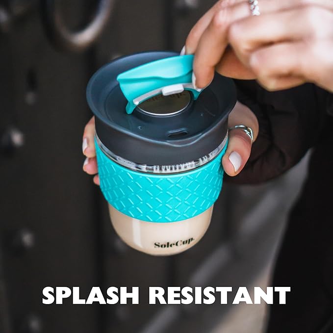 Reusable Strengthened Glass Travel Cup - Spill Proof Coffee Mug - 12oz/340ml BPA-Free Hot Drink Travel Mug with Lid & Silicone Band (Ice Cream, 12oz)