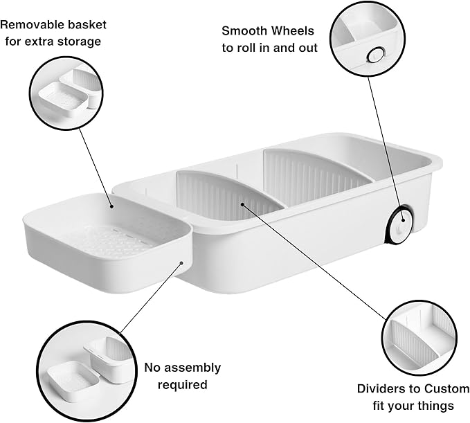 GAROOD Kitchen Under Sink Organizer Cleaning Supply Caddy Storage Bin Under Sink Caddy Rolling Cleaning Organizer with wheels Pull out tray Bathroom Organizers Storage 16.5*8*3.75 in - White 2 pack