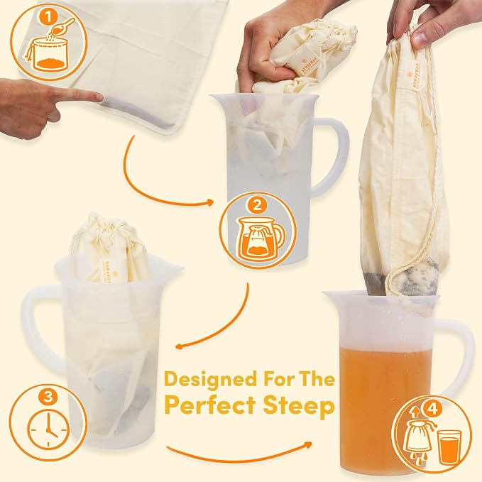 (2-Pack, Large 12in x 12in) Cold Brew Coffee Filter Bag for Mason Jar, Reusable, 100% Organic Cotton Cloth with Drawstrings, For Straining Coffee, Tea, Nuts, Milk, Cheese, 2 Pack