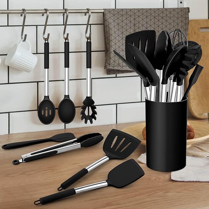 TeamFar Kitchen Utensil Set of 14, Silicone Cooking Utensil Set with Stainless Steel Handle, for Frying Serving Flipping Draining, Non-toxic & Heatproof, Nonstick & Dishwasher Safe - Black