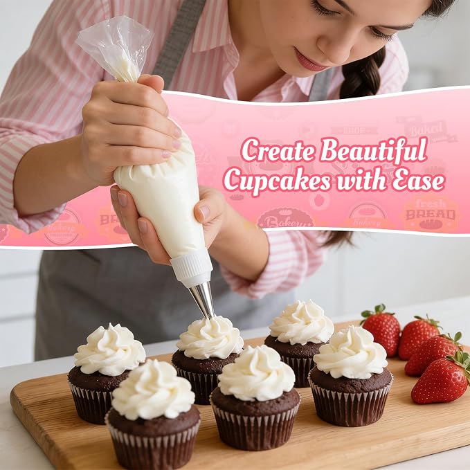 Cleangor Piping Bags and Tips Set, 16 Inch 114 Pcs Cake Decorating Kit | with 100 Disposable Icing Bags, 2 Reusable Pastry Bags, 7 Stainless Steel Frosting Tips, 2 Couplers, 2 Bag Ties and 1 Brush