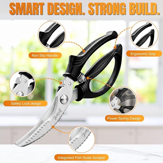 Poultry Shears, Kitchen Shears Heavy Duty for Food With Anti-Slip Handle & Safety Lock, Meat Scissors, Chicken, Lobster, Quail, Fish, Food Cutting Scissors, Bone Cutter - Spring Loaded