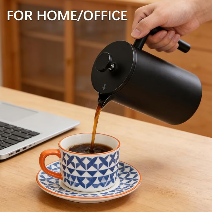 French Press Coffee Maker, 304 Grade Stainless Steel French Press with 2 Extra Filters for Home, Office, Travel, Camping - 34OZ/2 Litre (Black)