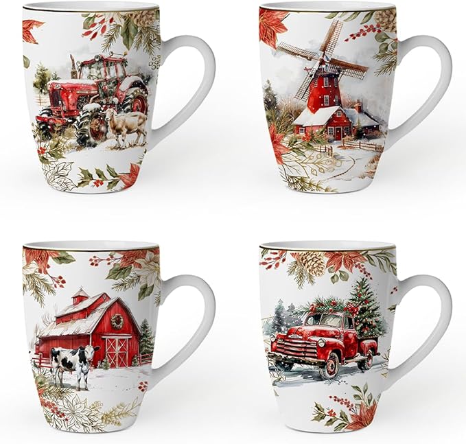 OrnamentallyYou Coffee Mug Holiday Kitchen Drinkware, Multiple Designs Available (Fancy Farmhouse Holiday Set of 4 Ceramic Mugs)