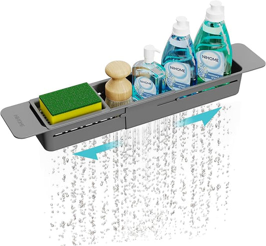NiHome Extendable Sink Kitchen Organizer, Extra Long Telescopic Brush Storage Rack for Sponge, Non-Slip Pads Expandable Sink Caddy, Adjustable Brush Rack with Drainage Durable ABS (Dark Gray)