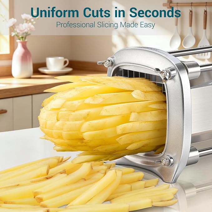 Sopito Professional Stainless Steel French Fry Cutter, 3 Blades (1/2", 3/8", 1/4") & Slicing Blades for Potatoes, Carrots, Apples, Commercial & Home Use