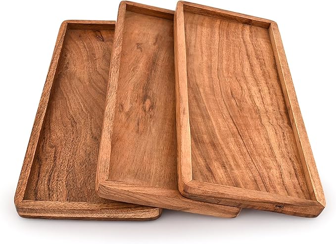 Platter Acacia Wood Serving Platter with Raised Edge -Set of 3 for Home Decor, Food, Vegetables, Fruit, Charcuterie (Set of 3) (14" X 6" X 0.75")