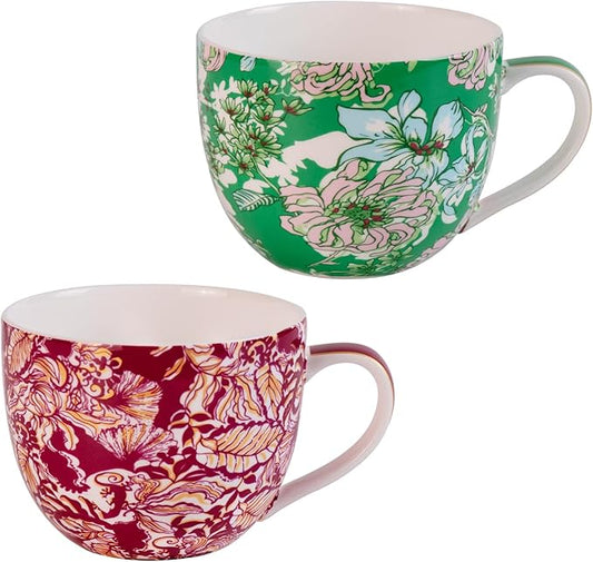 KAMMAK Coffee Mugs Ceramic Tea Cups Set of 2, 15 oz Porcelain Espresso Cups with Handle Large Novelty Mugs for Cappuccino, Latte, Americano, breakfast cereal, Hot Cocoa (Red + Green)