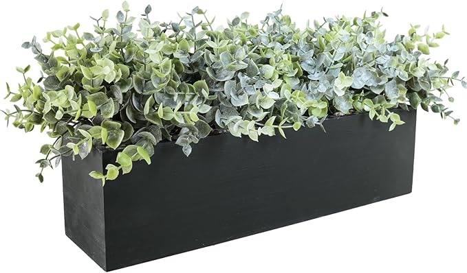 Winlyn 14" Artificial Eucalyptus Arrangement Faux Eucalyptus Plants in Black Rectangular Wooden Planter Box Artificial Potted Plant for Farmhouse Home Wedding Table Centerpiece Shelf Greenery Décor