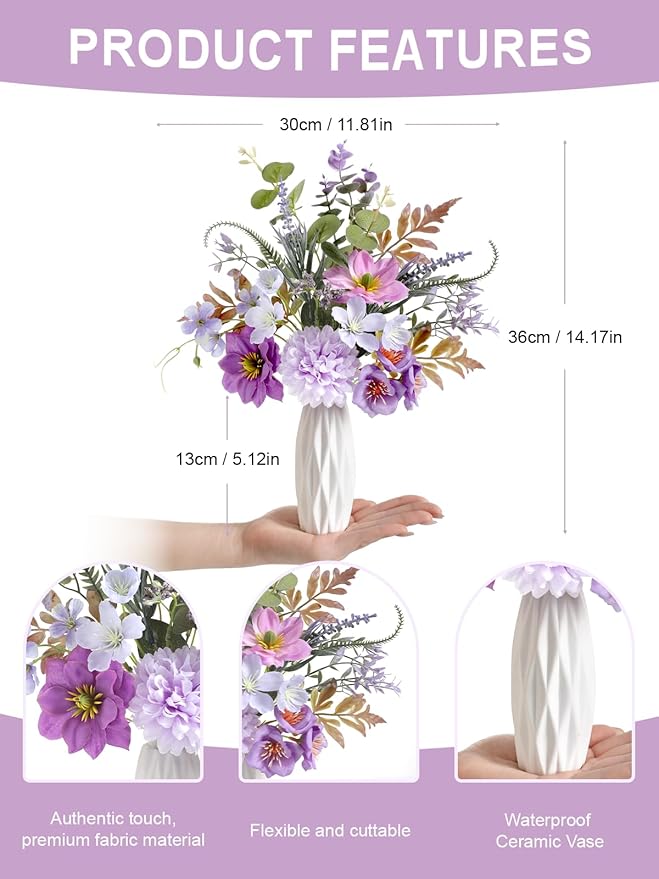 Small 11.8" Artificial Flowers in Ceramic Vase - Purple Silk Flower Centerpiece for Dining Table, Office, Wedding & Farmhouse, Home Decor Gifts