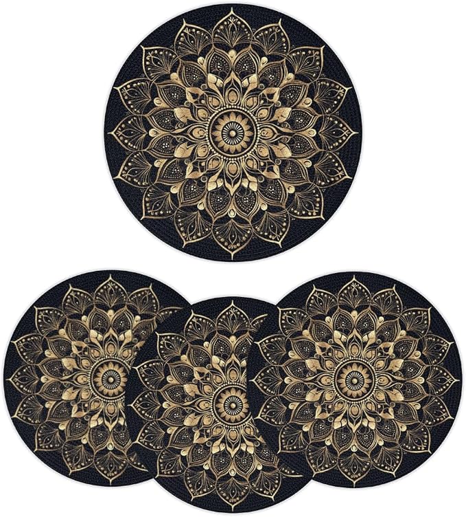 Round Placemats Set of 4, Bohemian Mandala Woven Placemats Mats Non-Slip Heat Resistant Washable Table Mats Round Braided Place for Farmhouse Kitchen Dining Party Decor 15in