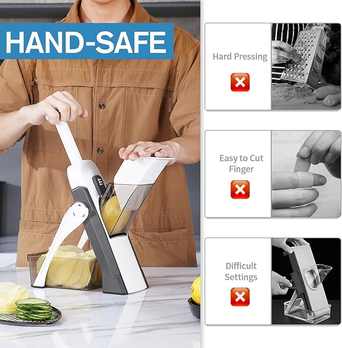 Safe Mandoline Slicer for Kitchen, Vegetable & Food Cutter, Thickness Adjustable 0.1-8 mm. Easy to Clean, Storage, Kitchen Faster Slice Artifact (Only Slice, Grey)