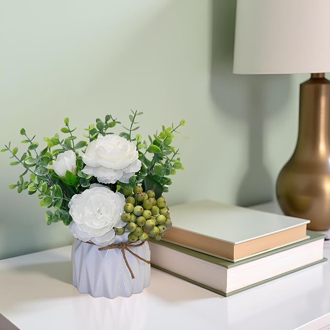 LADADA White Artificial Flowers with White Vase for Table Centerpiece Home Decor