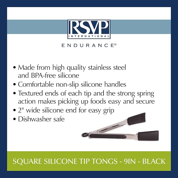 RSVP International Endurance Kitchen Utensil Collection Stainless Steel Locking Tongs for Cooking, 10.75" Length, Square Tip, Black Non-Slip Silicone