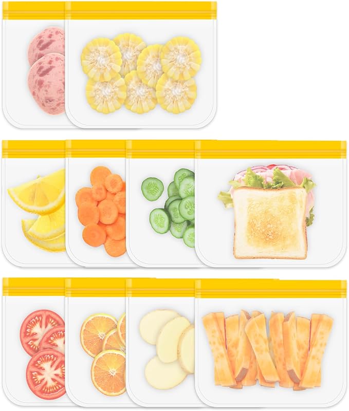 Reusable Sandwich Bags 10 Pack, 8.7x7.6 Inches Dishwasher Safe Silicone Food Storage Bags for Marinating Meats, Snacks, Cereal (Orange)