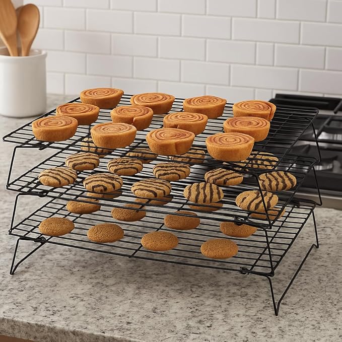3 Tier Stackable Cooling Rack for Baking – 15.75" x 10" Carbon Steel Wire Cookie Cooling Racks, Multi-Level Stackable Cookie Rack for Cakes, Pastries & Fruit – Collapsible & Dishwasher Safe