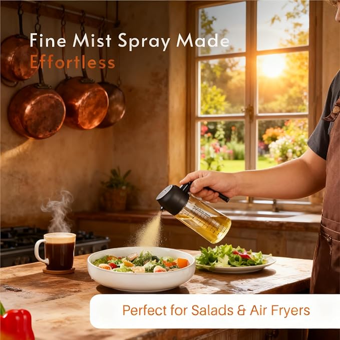 Oil Sprayer for Cooking, 2 Pack Olive Oil Sprayer Bottle, 16oz Glass Oil Dispenser for Kitchen, Fine Mist Spray & Pour, BPA-Free, Refillable, Leakproof, Air Fryer, Salad, BBQ & Cooking