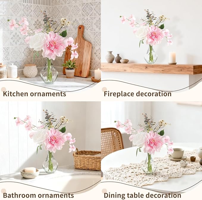 Faux Flowers with Vase,Small Artificial Silk Roses in Vase, Fake Plant Eucalyptus Flower Arrangement for Home Office Decoration, Living Room and Dining Table Centerpiece