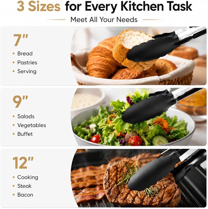 Kitchen Tongs Set, 3 Pack(7+9+12") Cooking Tongs with Locking Mechanism, Stainless Steel Body Food Tongs with Silicone Tips Tong for Cooking, Serving, Air Frying, Nonstick Cookware Safe