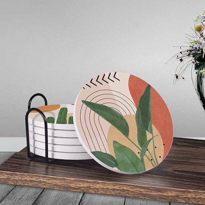 HUXJOKO Coasters for Drinks Set of 6,Modern Boho Tropical Leaves Absorbent Ceramic Coaster,Round Stone Mat,with Cork Base and Metal Holder for Coffee Table Room Bar Home Decor Housewarming Gifts