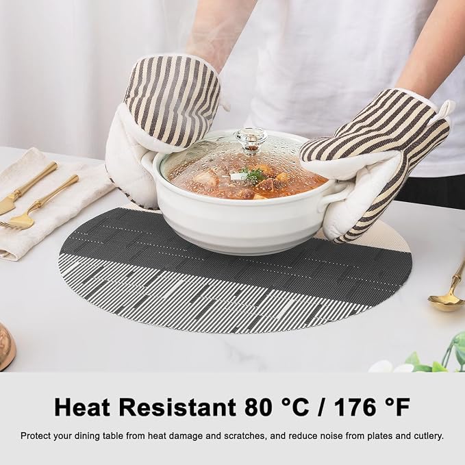 Round Placemats Set of 6, 15 Inch Woven Vinyl Heat Resistant Place Mats, Washable Non Slip PVC Table Mats for Kitchen Dining Party Outdoor Table Decor (Beige Black, 6)