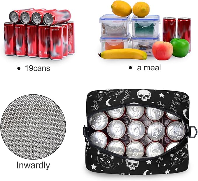 ALAZA Gothic Moon Skull Cat Lunch Box for Men Women Adults Insulated Lunch Bag Cooler Bag with Adjustable Shoulder Strap for Work Picnic Travel