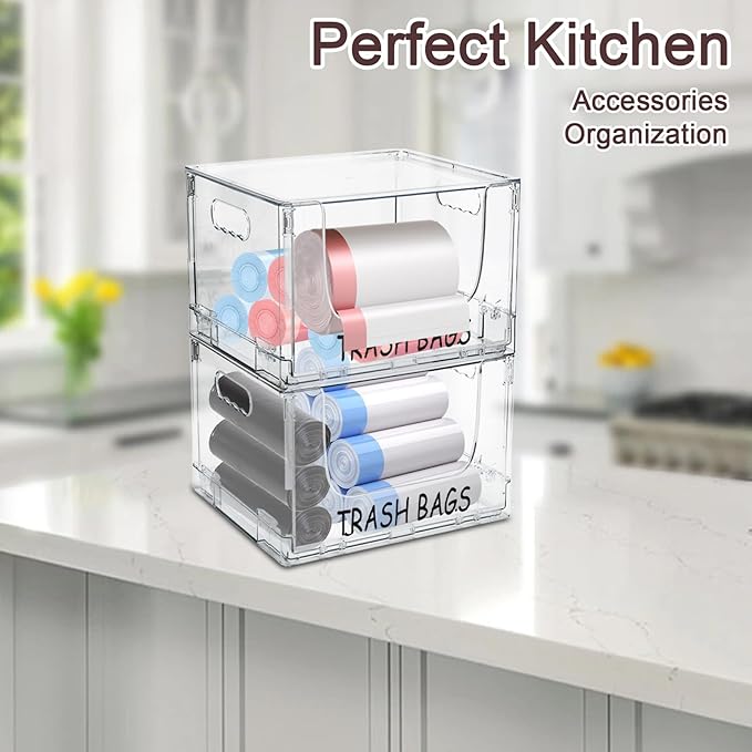 Trash Bag Holder Stand,Stackable Trash Bag Dispenser with Lids, Plastic Under Sink Organizers and Stackable Storage Box, Large Garbage Bags Dispenser for Kitchen, Pantry, Laundry Room