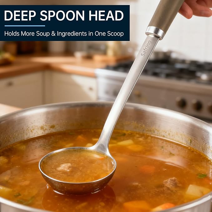 Safring Stainless Steel Soup Ladle and Spaghetti Spoon Set, Heat Resistant Rubber Handle, Dishwasher Safe, Kitchen Utensils for Cooking, Stirring, Serving Pasta, Soup & Sauce (Coffee)