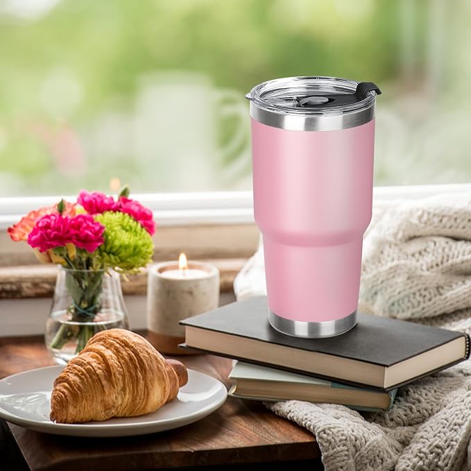 30 oz Tumbler with Lids and Straws Double Wall Vacuum Insulated Tumbler,Stainless Steel Leak-proof Tumbler Cup Powder Coated Travel Coffee Mug for Cold and Hot Drinks,Black Pink,2 pack