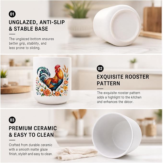 2 Pcs Rooster Ceramic Utensil Holder, Cute Rooster Utensils Holder Kitchen Decor for Farmhouse Indoor Kitchen Decorations Rustic Farmhouse (6.3 inch/5.1 inch)