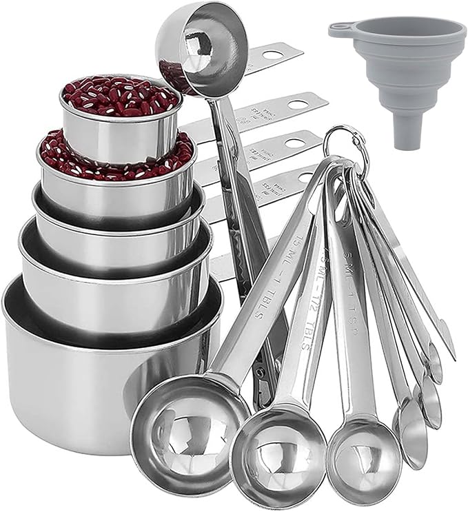 14pcs Measuring Spoons And Measuring Cups Set, Stainless Steel Measuring Cups And Spoons Set, 7 Spoons & 5 Measuring Spoons Measuring Rod & Funnels, Kitchen Gadgets Essentials Tools