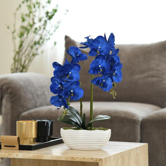 Large Artificial Potted Orchid Plant, Silk Flower Arrangement with Ceramics Vase, Navy Blue