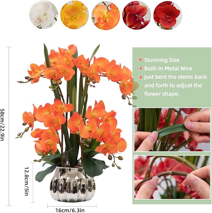 CXGS Artificial Orchid Flower Real Touch Faux Orchids in Ceramic Vase Large 22.9'' Fake Flowers Orange Phalaenopsis Floral for Home Indoor Decor