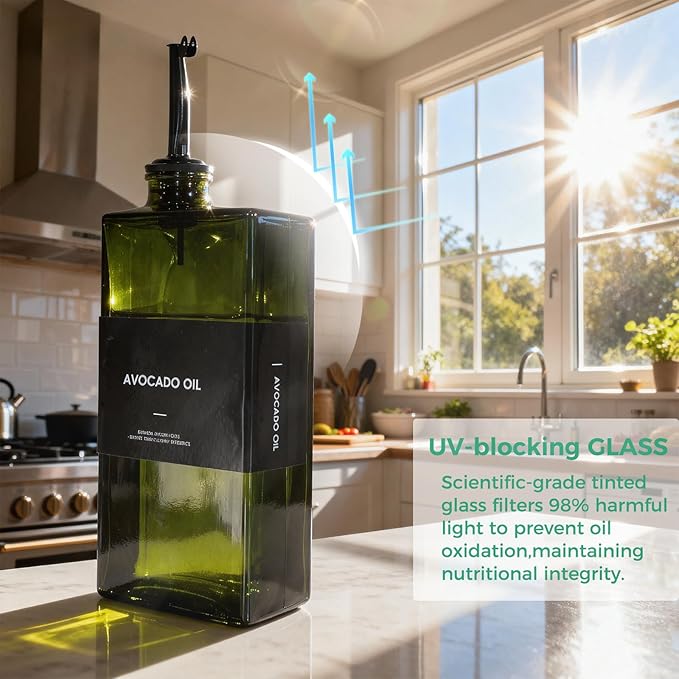 WISIMMALL Olive Oil Dispenser Bottle For Kitchen, 17OZ UV-Blocking Oil And Vinegar Dispenser Set Of 4, Soy Sauce Cooking Oil Dispenser with 4 Stainless Steel Pourers & 44 Labels