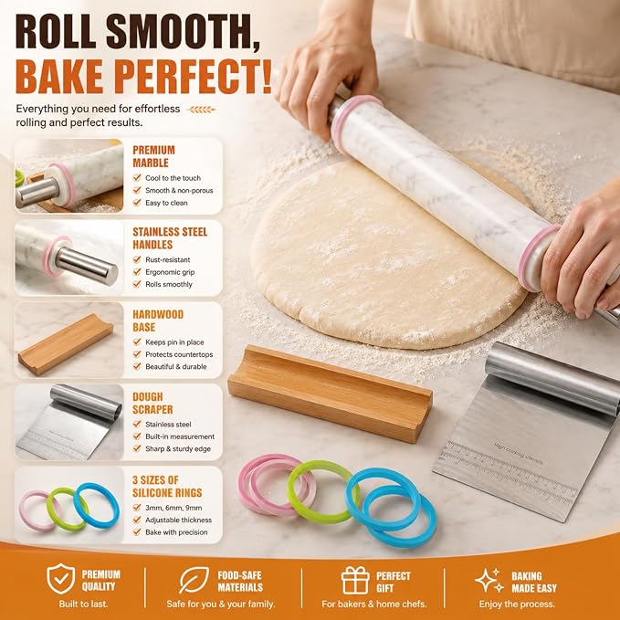 Premium White Marble Rolling Pin Set with Natural Veins, Stainless Steel Handles, Wooden Stand, Pastry Mat, Dough Cutter & 3 Thickness Rings – Baking Gift Set