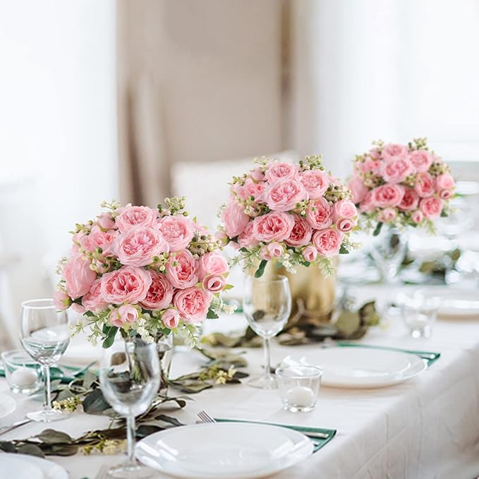 Pusuny Artificial Peonies Silk Flowers, 4 Bundles Faux Peony Bouquet Florals Arrangements for Farmhouse Home Boho Wedding Table Centerpiece, Fake Plastic Flower Bulk for Vase Decoration (Light Pink)