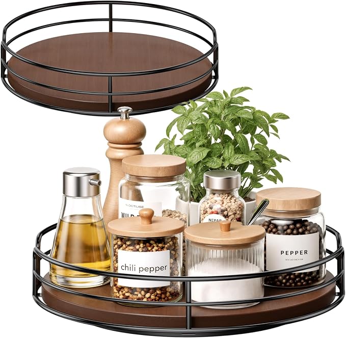 Optish 2 Pack 9" 10" Lazy Susan Turntable for Table Top, Wooden Lazy Susan Organizer for Cabinet, Kitchen, Countertop, Pantry, Spice Organizer, Bathroom, Vanity, Table Decor