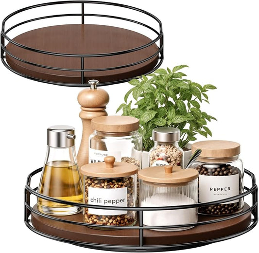 Optish 2 Pack 9" 10" Lazy Susan Turntable for Table Top, Wooden Lazy Susan Organizer for Cabinet, Kitchen, Countertop, Pantry, Spice Organizer, Bathroom, Vanity, Table Decor