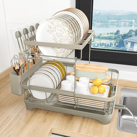 Dish Drying Rack, 2-Tier Dish Drying Rack with Utensil Holder – Large Capacity Auto-Draining Dish Drainer with Drainboard for Kitchen Counter, Grey