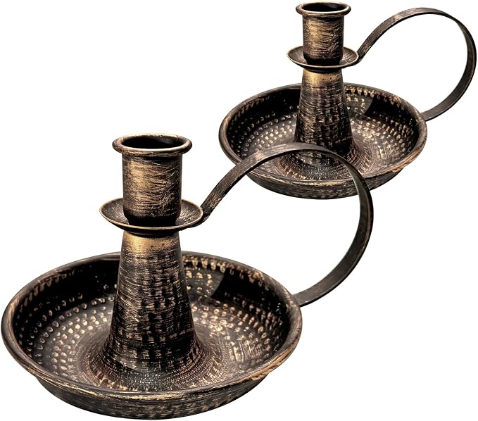 Gold Brass Vintage Candlestick Holders, with Handle, Taper Candle Holder for Candlesticks, for Fireplace Party, Dining, Home, Wedding Decor,Fits 3/4 inch Thick Candle&Led Candles（Set of 2pcs）